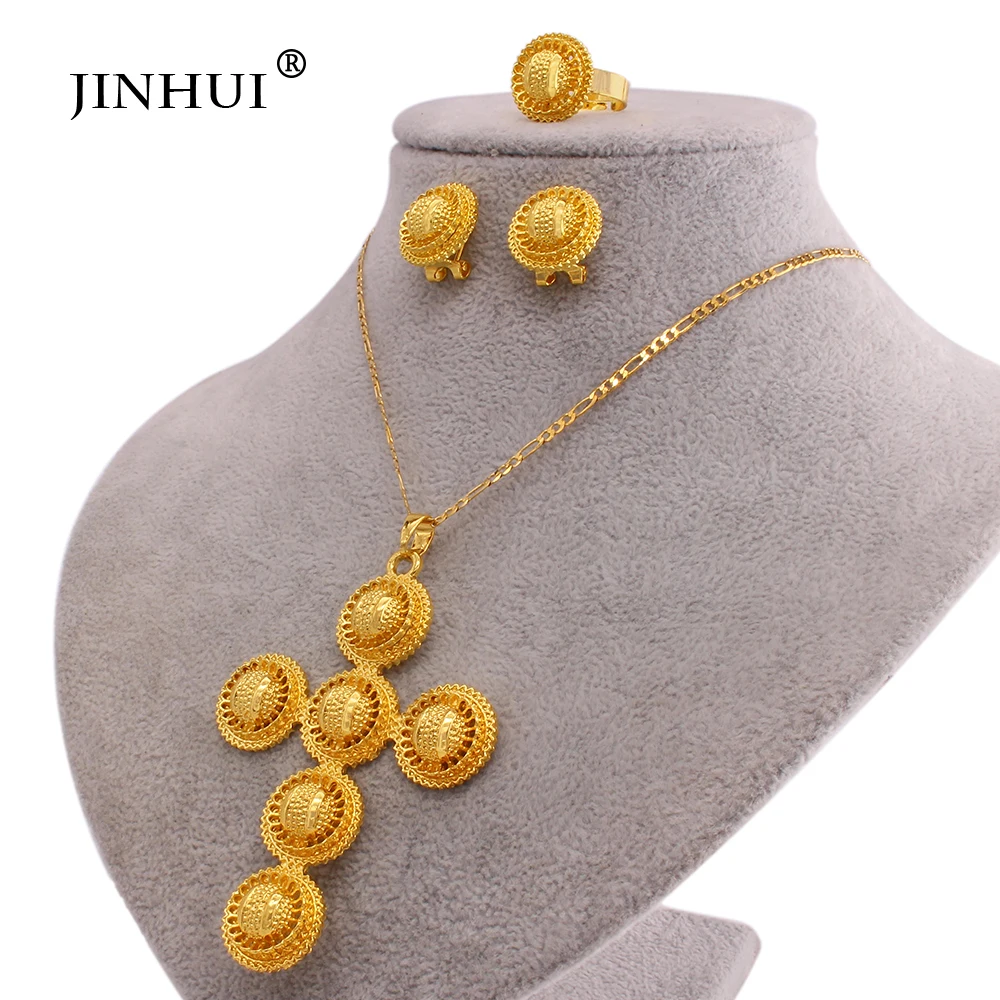 

Роскошные позолоченные эфиопские Свадебные дизайнерские наборы ювелирных украшений с крестом 24 карата, Подарочные женские ожерелье с подв...