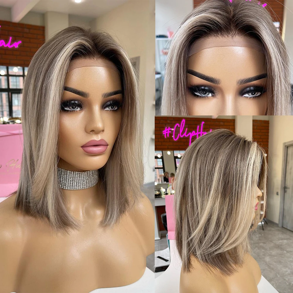 

HD 13x4 Lace Front Wig Virgin Hair Highlights Bob Wig Ashy Blonde Lace Front Human Hair Wigs Dark Roots Short Straight Wig 150%
