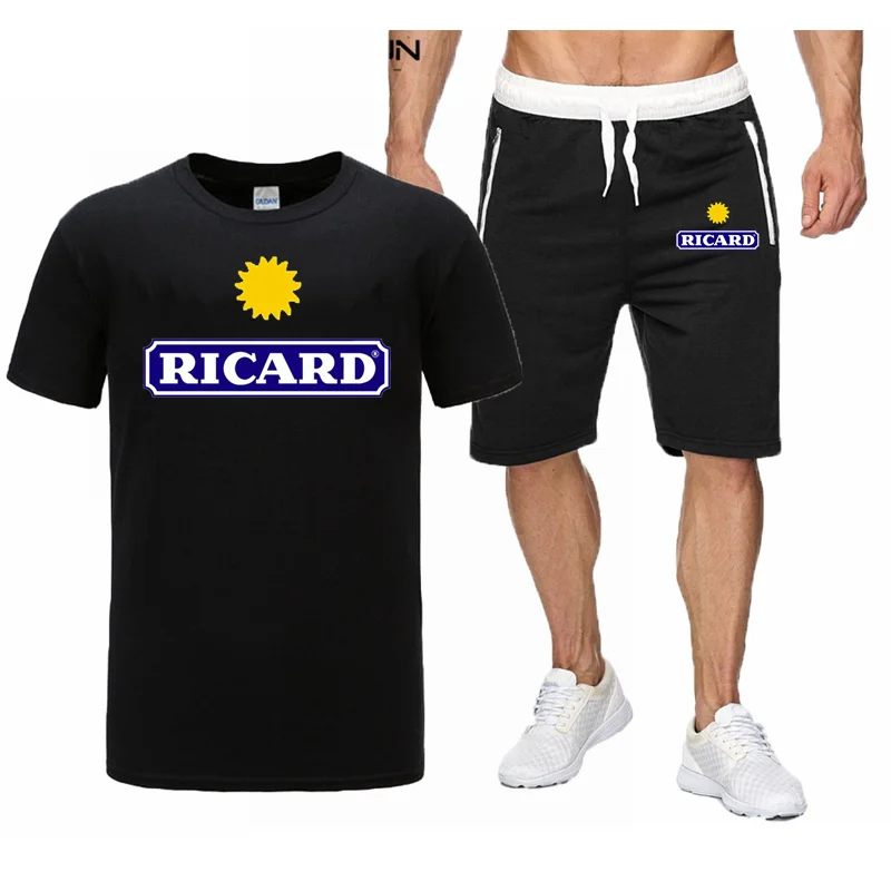 Summer Popular New Men's T-Shirt + Sports Shorts Set Suit Ricard Printed High Sports Running Set