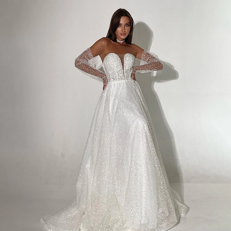 

Illusion Sweetheart A-Line Wedding Dresses Detachable Sleeves Lace Floor Length Shiny Bridal Gowns Vestido de Novia