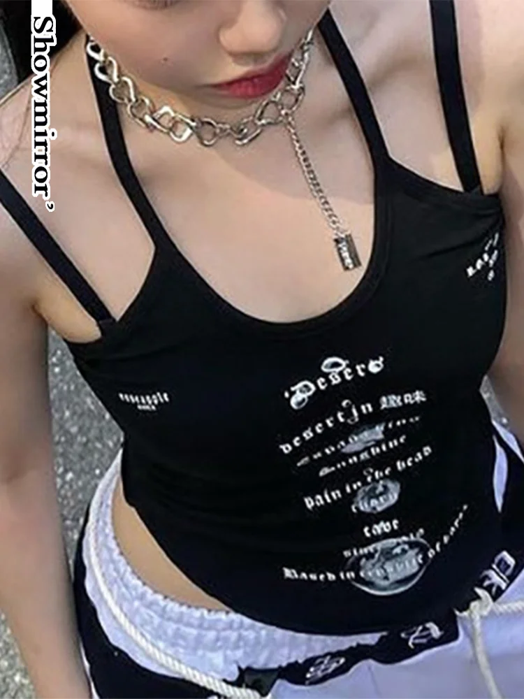 

ShowmirrorPunk печать Y2k Женская фотография готический с открытой спиной Эстетическая мода Camis Techwear облегающая уличная одежда