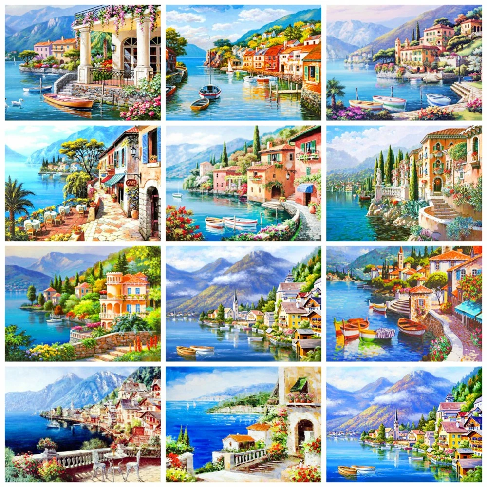 

Huacan 5d Diy Diamond Painting Seaside House Town Full Square/round Embroidery Mosaic Mountain Landscape Home Decor