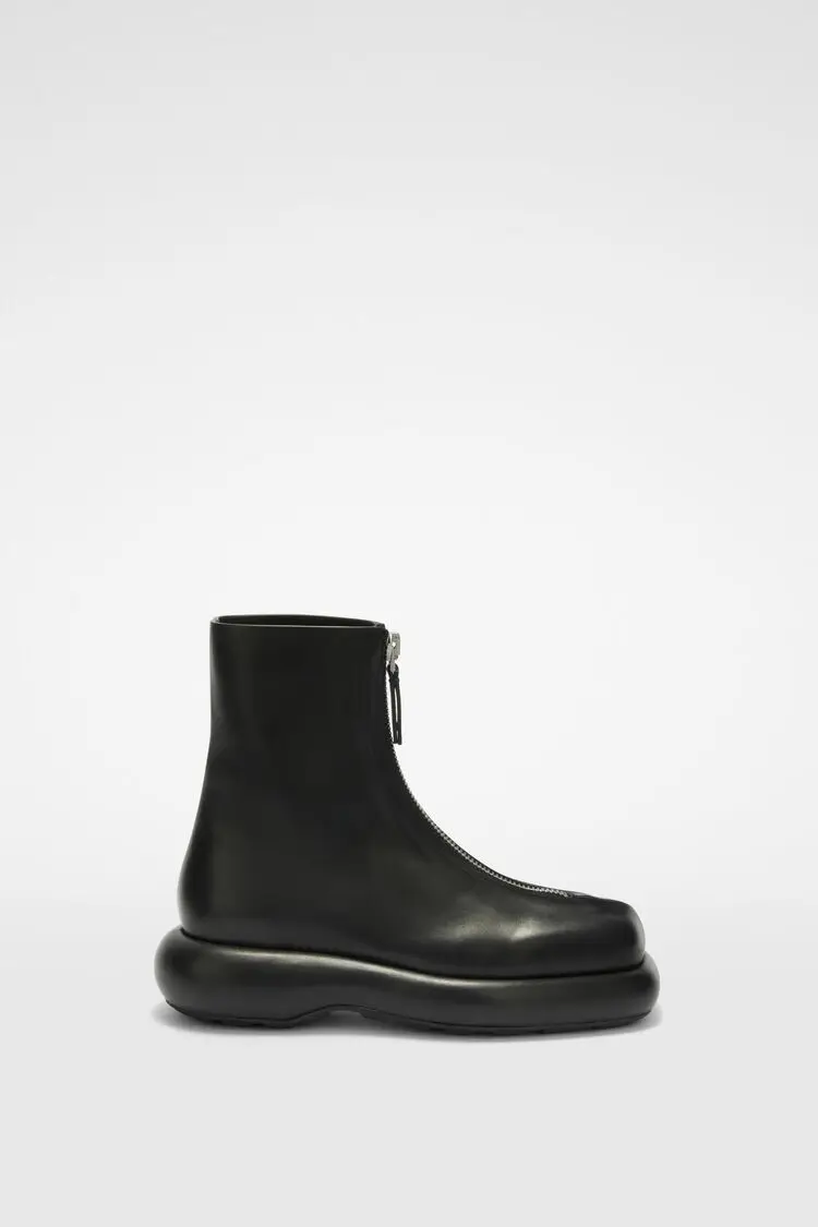 

Women's Black Ankle Boots square toe leather insole rubber outsole zip closure on front Jill Sandor logo branded insole