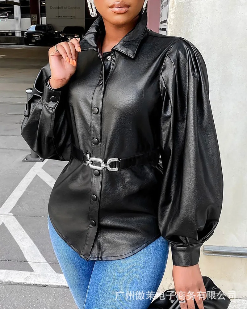 

Женские черные куртки, весна 2022, новые Плиссированные пальто из искусственной кожи на пуговицах с цепочкой