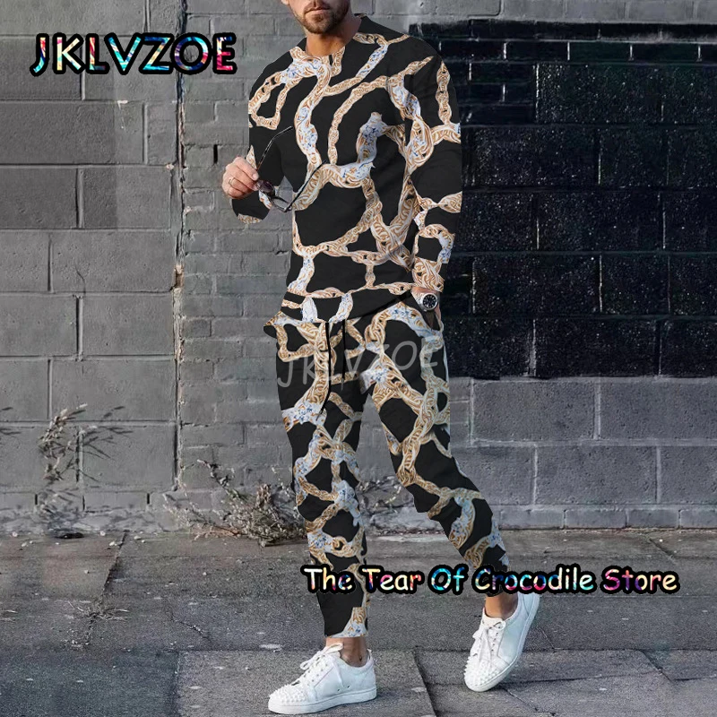 Multicolour Print Men Tracksuit Summer 2 Piece Set Long Sleeved T-Shirt Trousers Jogging Suit Male Color Sportswear Clothing