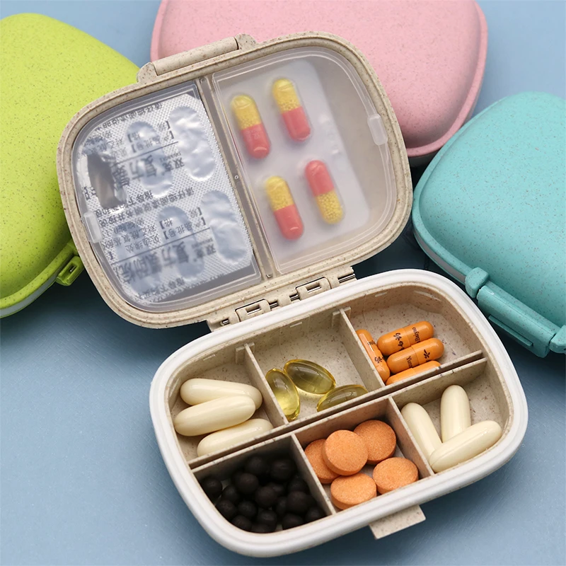 

4/6/8 Grids Tablet Organizer, Travel Pill Box with Sealed Ring, Small Tablet Box, Wheat Straw Medicine Container Organizer Box