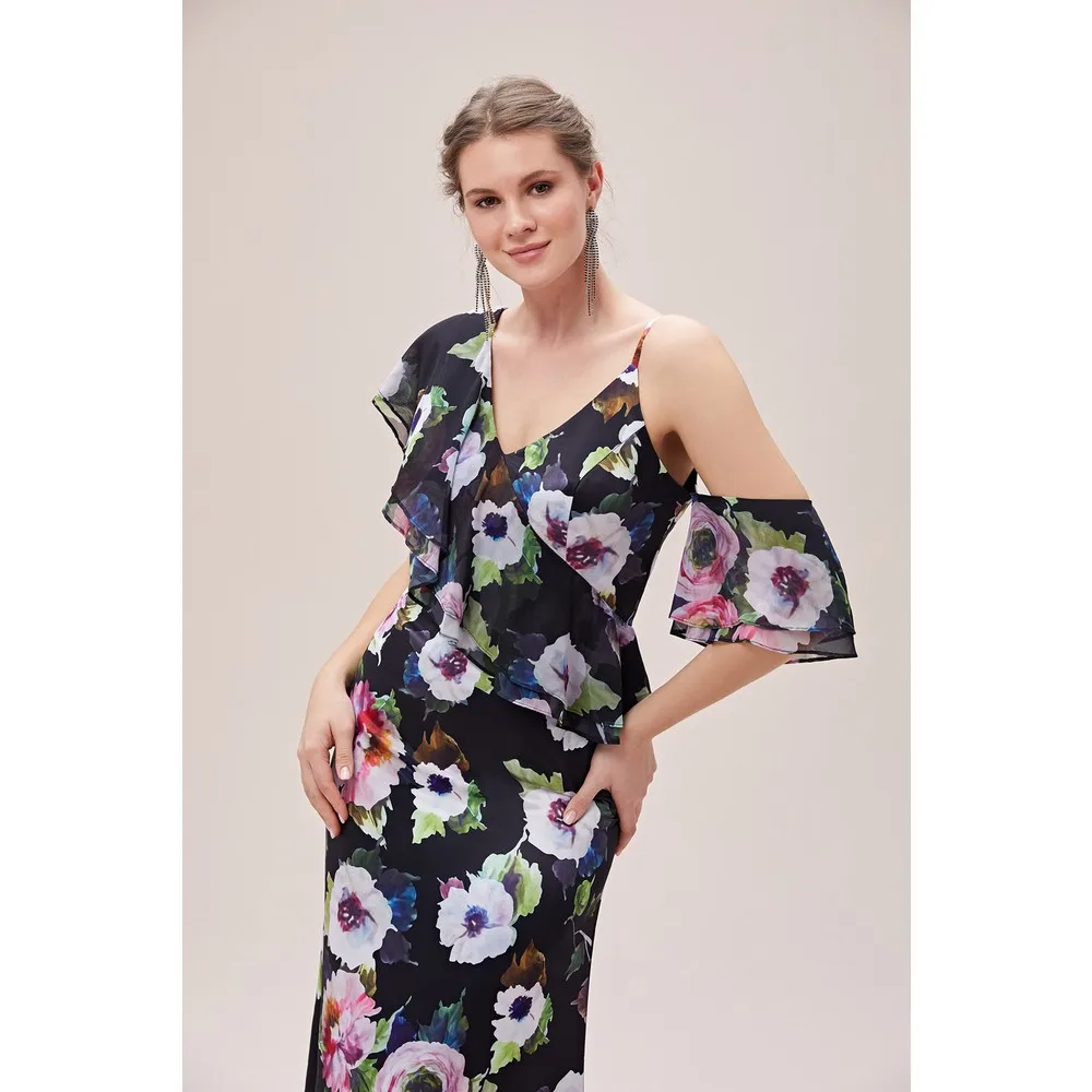 

Black V-Neck Farbalal Floral Chiffon Large Size Dress Women 'S Summer Dress Casual Long Prom Midi Maxi