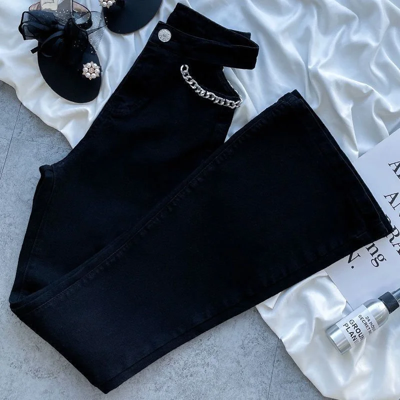 Straight Full Pants Women's Black Sexy Jeans High Waist Denim Women Skinny Hollow out Black Chain Pant Plus Size Show Hip Waist
