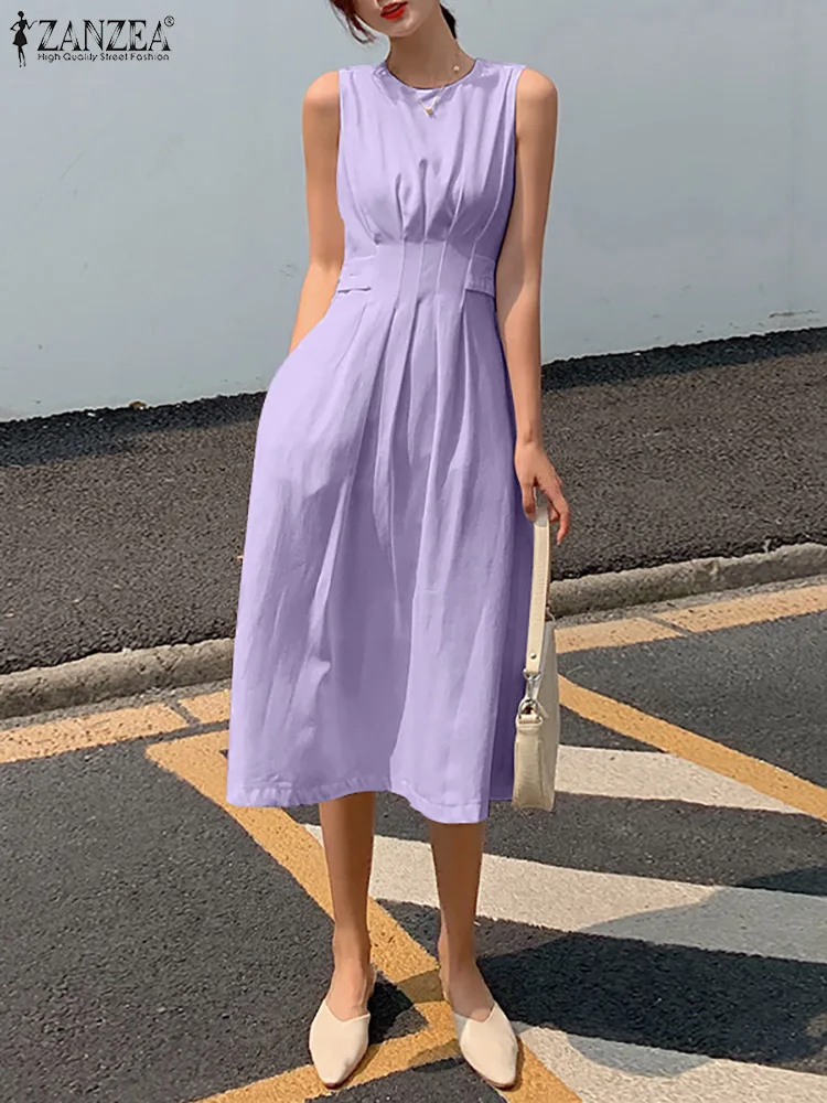 

Women Summer White Dress 2022 Chic Sleeveless Midi Vestido ZANZEA Office Elegant Solid Dresses Casual Party Pocket Tank Sundress