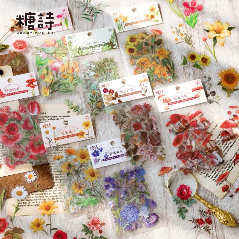 

40 PCS Plant Nature Series Sticker Pack Watercolor Mushroom Daisy Tulip Variety Of Flowers Stickers Scrapbooking Aesthetic Art