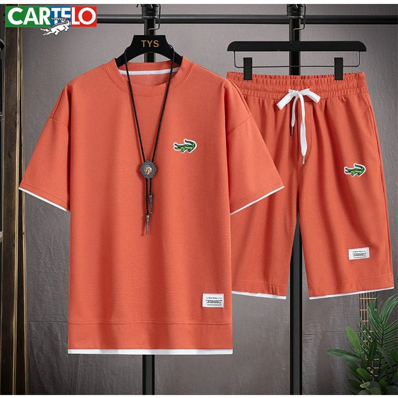 CARTELO Summer Men's 2-Piece T-shirt+Shorts Sportswear Fashion Embroidery Loose Harajuku Style Street Apparel Casual Golf Set