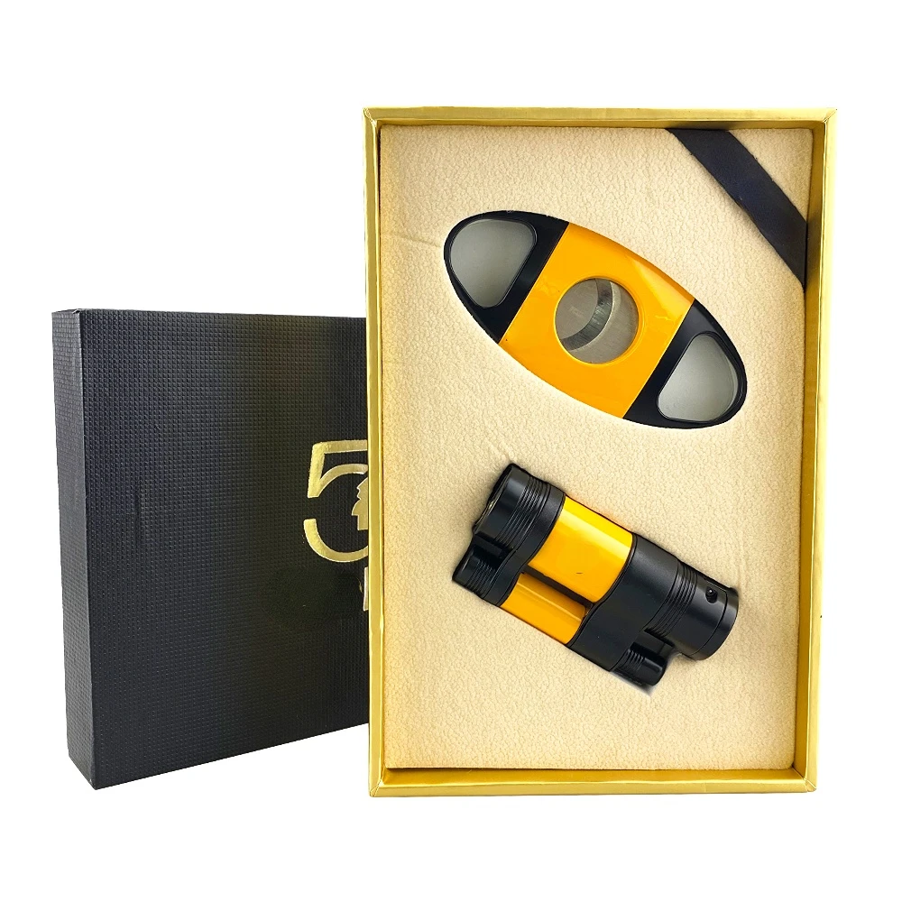 Cigar Lighter Torch Set Cutter Set 2  Jet Flame Gas Cigar Accessories Tool Butane Cigarette with Cigar Punch for Gift Box