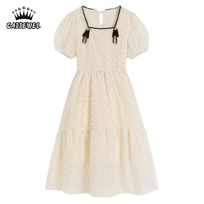 

Women's Clothing Vintage Polka Dots Dress Square Neck Puff Short Sleeve Casual Fashion Baggy French Long Skirt Ladies Summer