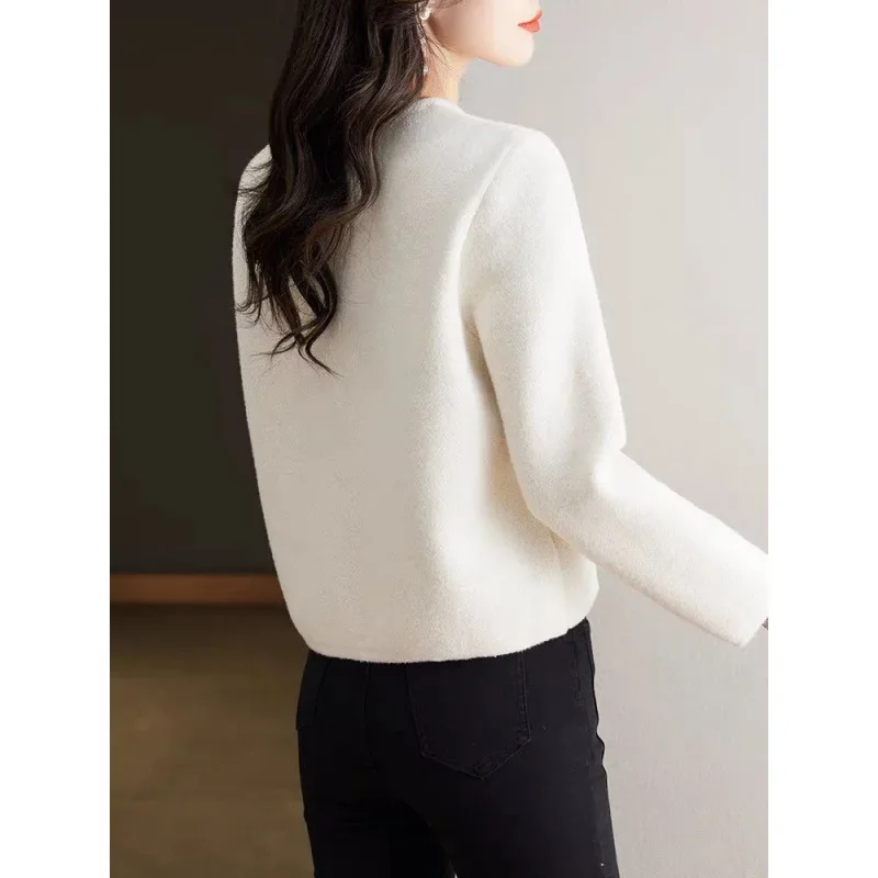 Твидовый стильный женский осенне-зимний вязаный кардиган укороченный