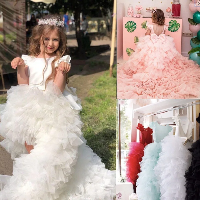 

Real Luxury Hi-Lo Tiered Pageant Gowns with Train Backless Flower Girl Dress for Wedding Kids First Communion Birthday Wear