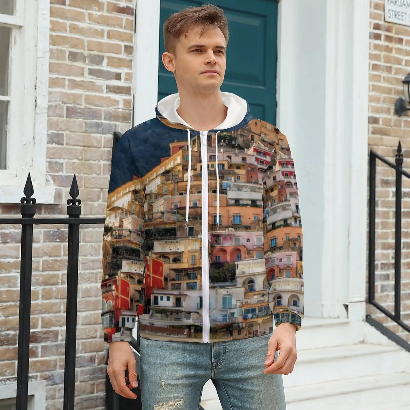 

Architecture Mountains Hoodies Italy Positano Polyester Zip Up Hoodie Nice Warm Hoodie Big Size