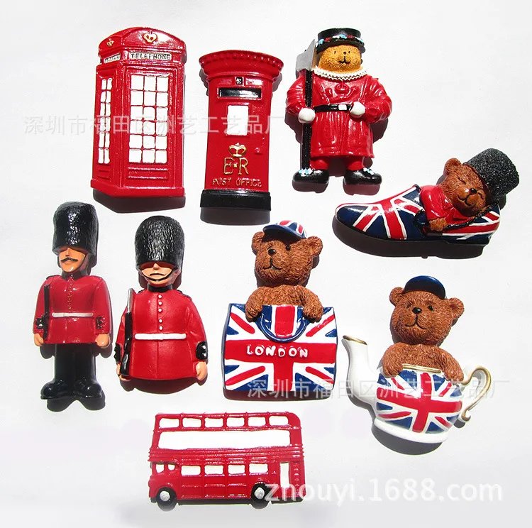 

England Fridge Magnet London Bus British Soldier Cute Bear Telephone Booth Tourist Souvenir Resin Stereo Refrigerator Stickers