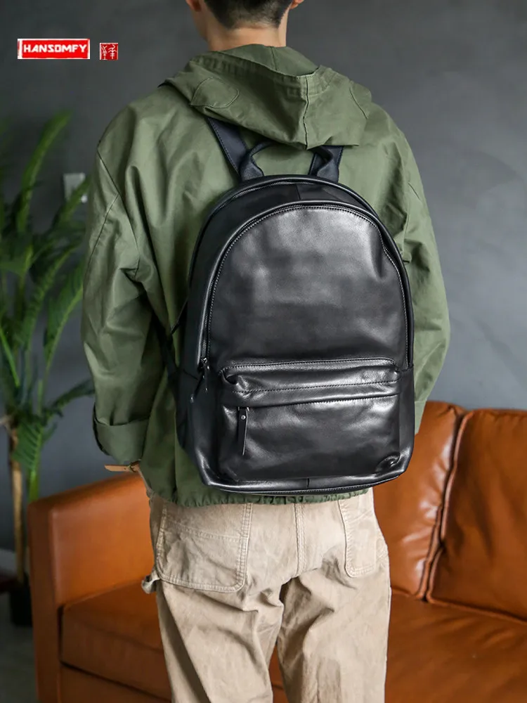 

Genuine Leather Men's Backpack First Layer Napa Cowhide School Bag Casual Large Capacity Computer Backpack Trendy Travel Bag New