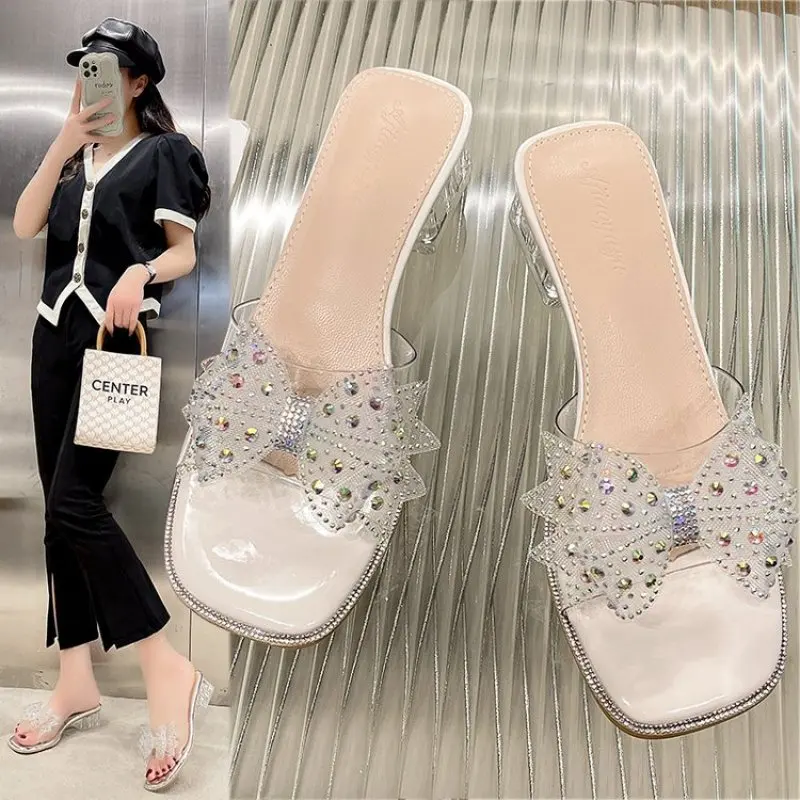 

High Heels Crystal Bowtie Slippers Women 2023 Summer Open Toe Transparent Pvc Sandals Woman Clear Heeled Party Fashion Slides