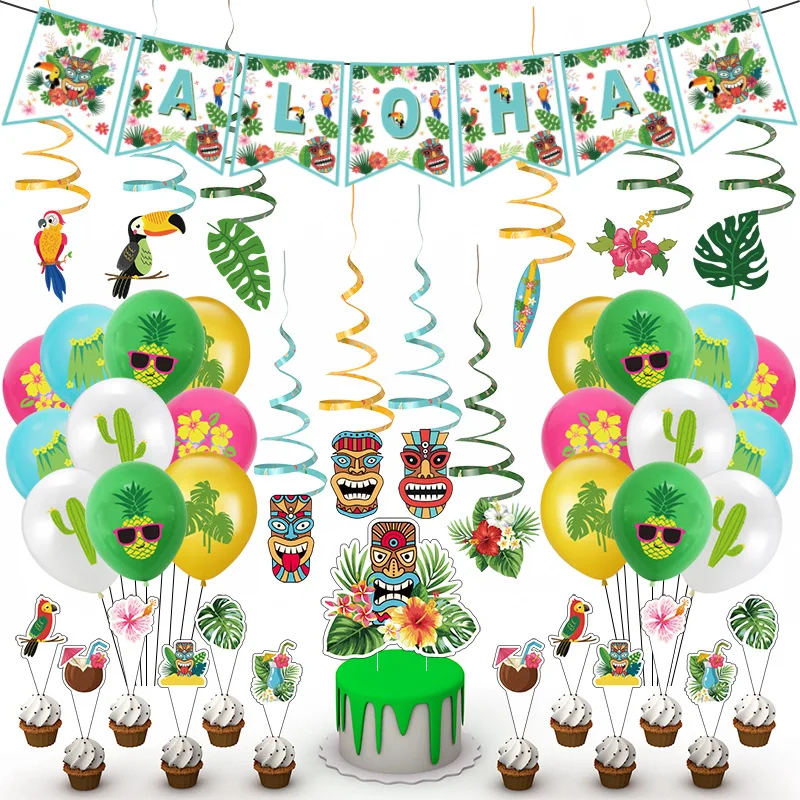 

Creative Hawaii Themed Party Set Summer Birthday Carnival Wild Man Turtle Back Leaf Hanging Flag Pulling Spiral Decoration Suppl