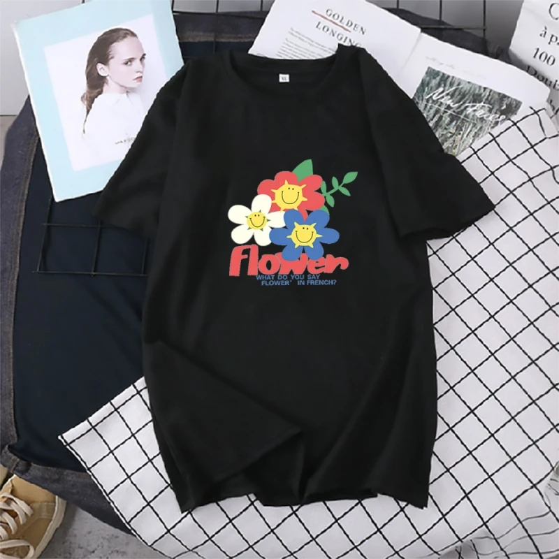 

Flowers Smile Print T-Shirt Y2k Clothes Women's Blouse Female Summer Short Sleeve Tops Pullover T Shirt Streetwear Clothing Tees
