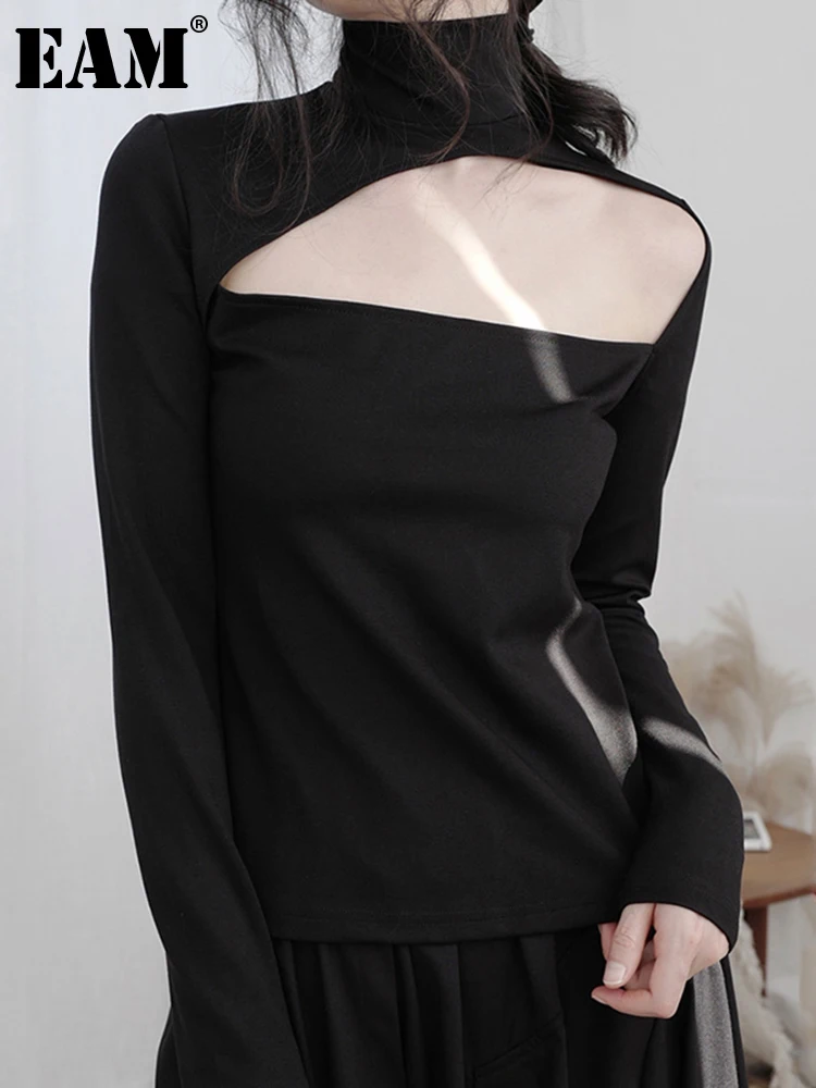 

[EAM] Women Black Hollow Out Irregular Casual T-shirt New Turtleneck Long Sleeve Fashion Tide Spring Autumn 2022 1DD7351
