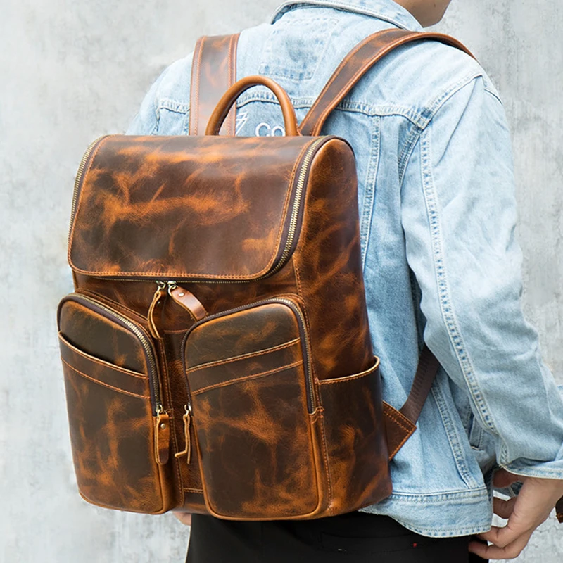 

Рюкзак AETOO мужской из кожи Крейзи Хорс, уличный многофункциональный кожаный ранец для компьютера 15,6 дюйма