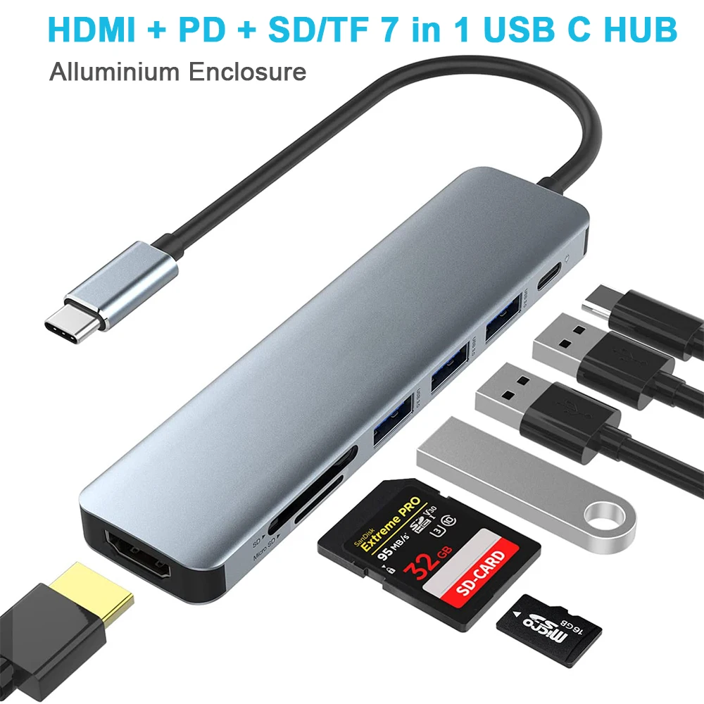 

7 in 1 USBC Hub 4K USB C To HDMI 100W PD SD/TF Card Reader USB C Dock for MacBook Pro/Air Thunderbolt 3 Notebook Adapter Hub