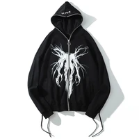 punk graphic print zipper ribbon hooded hoodie men casual black cool oversize coat fashion sweatshirt streetwear spring