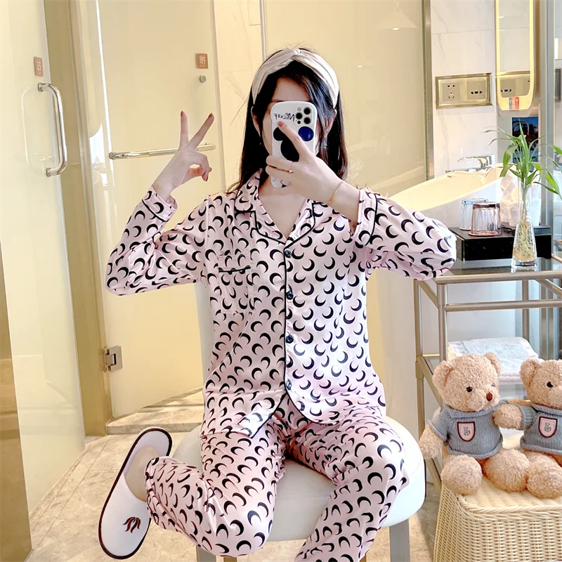 Pajamas Women's Ice Silk Long-sleeved Trousers Suit Spring Tide Brand Casual Pajamas Thin Section Light Luxury Women's Home Wear