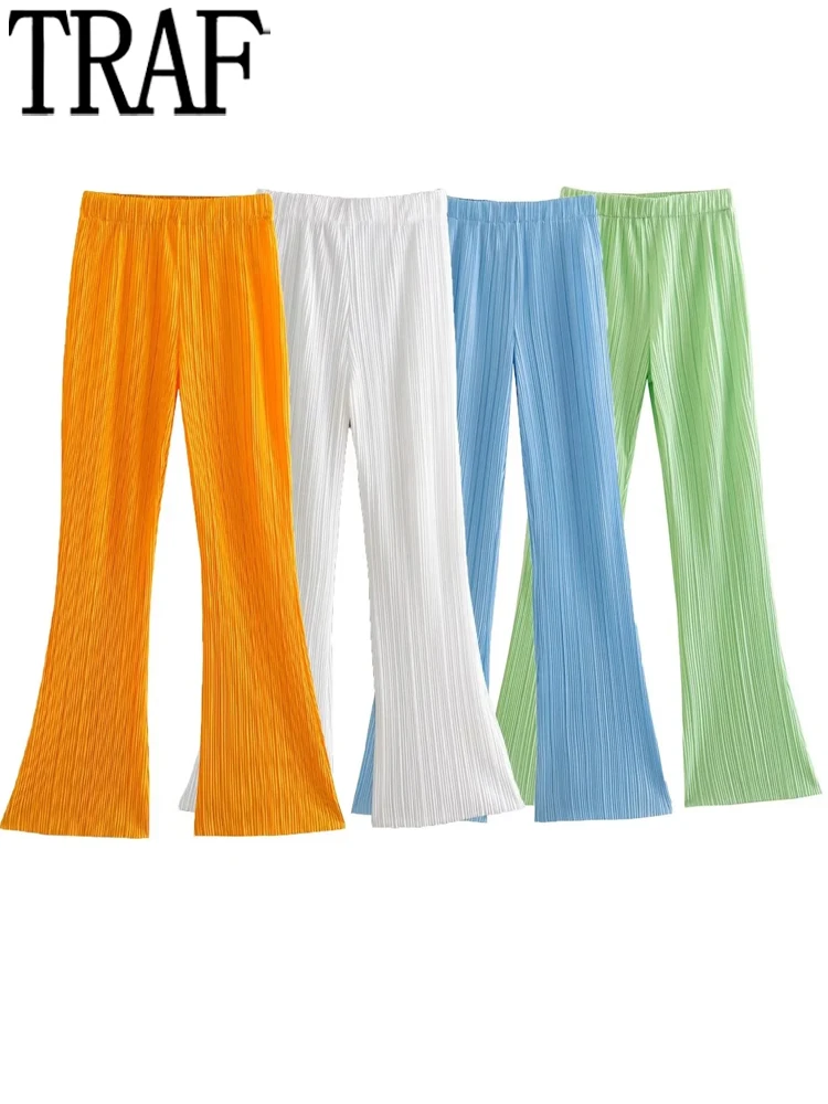 

TRAF Pleated Orange Green Pants For Women High Waist Blue White Pants Sets Streetwear Baggy Casual Pants Woman Summer Trousers