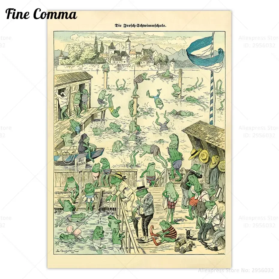 

Винтажный плакат, лягушка, плавание, школа, Сказочная картина, античное животное, настенное искусство, холст, печать, украшение для дома, холст, живопись, искусство