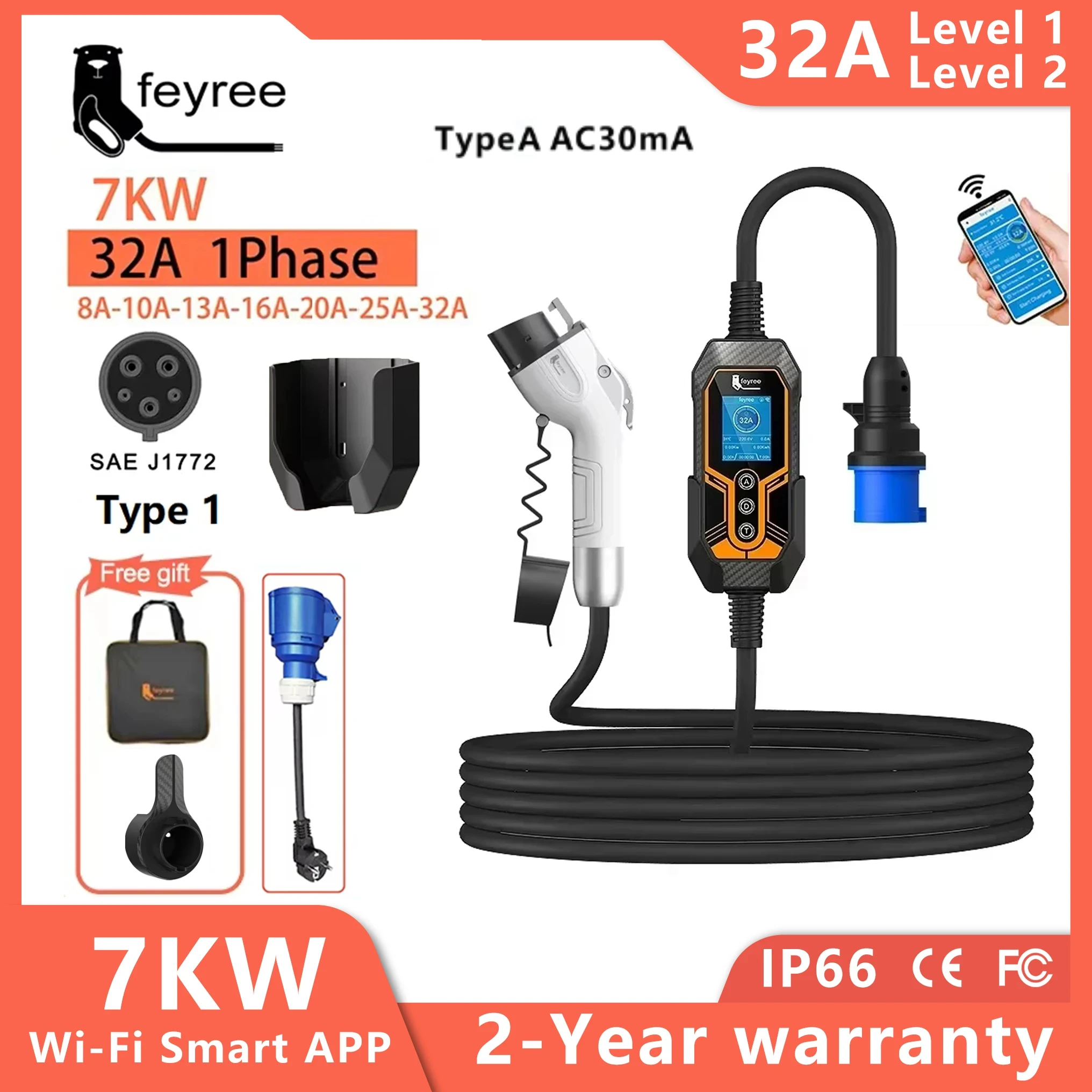 Feyree Type1 Plug j1772 32A 7KW 1P Портативное зарядное устройство для электромобилей с