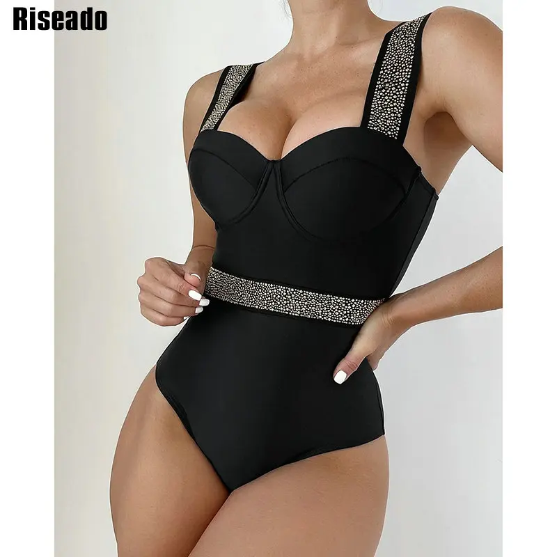 

Riseado Rhinestone Decor Swimsuit One Piece Push Up Sexy Swimwear Women 2022 New Solid Bodysuit Women Underwired Bathing Suits