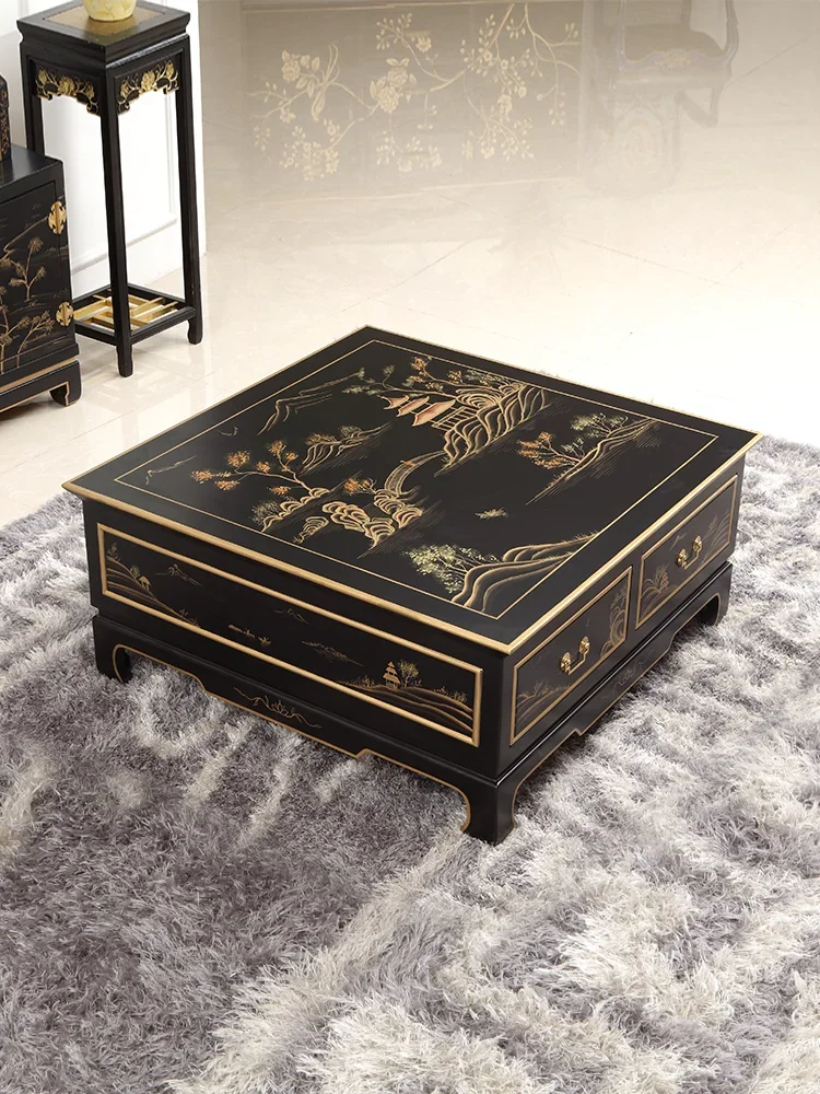 Новый квадратный столик в китайском стиле с черной окрашенной пейзажной картой