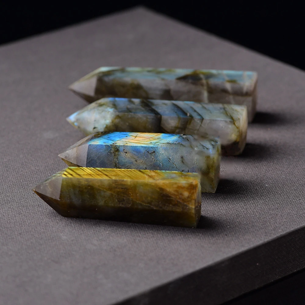 

Natural Semi-precious Stone Labradorite Crystal Column Gray Moonstone Tip Hexagonal Prism Office Home Desktop Ornaments 4-8cm