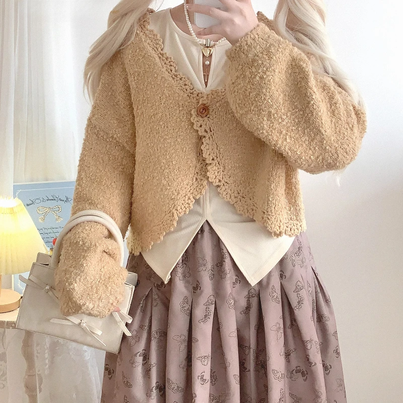 Kawaii милый стиль Лолиты короткий кардиган женский готический Y2k крючок цветок