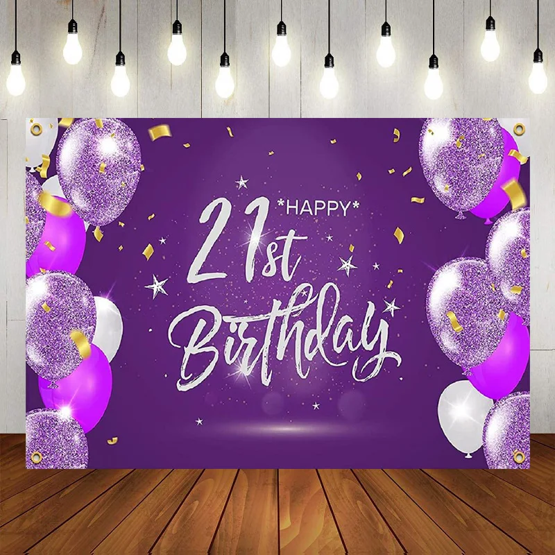 

Happy 21st Birthday Party Decorations Photography Backdrop Banner Gold Purple Background Poster Balloon Princess Prince Photo