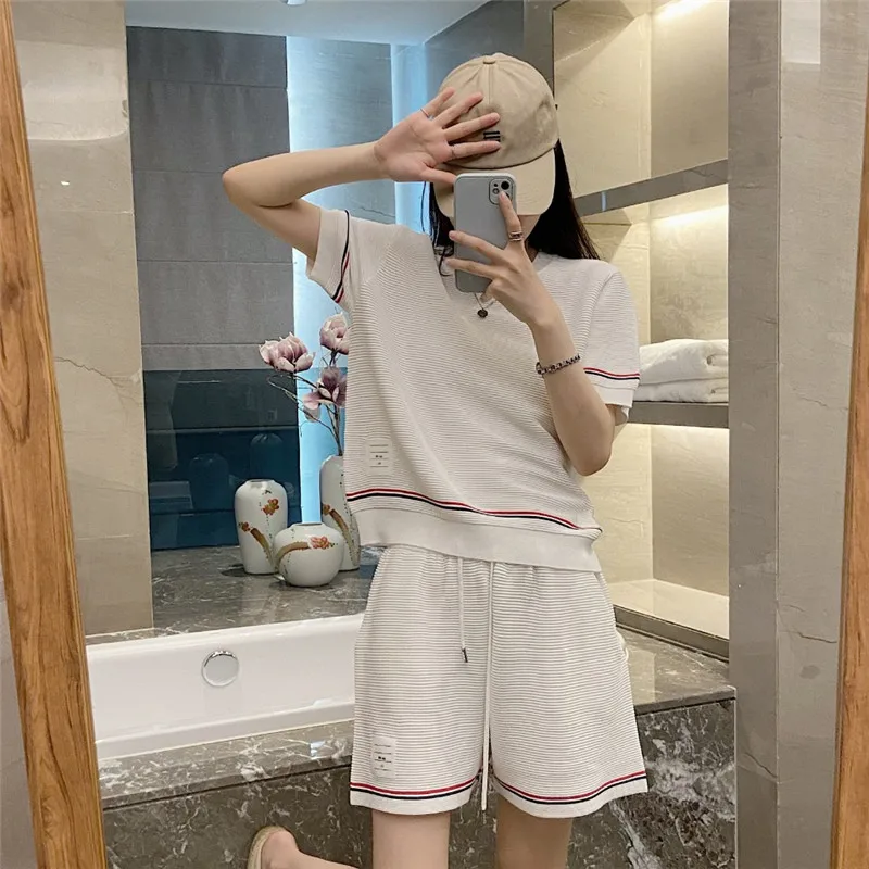 22 summer tb college style striped ice silk knitted design sense short-sleeved casual slimming all-match shorts suit female