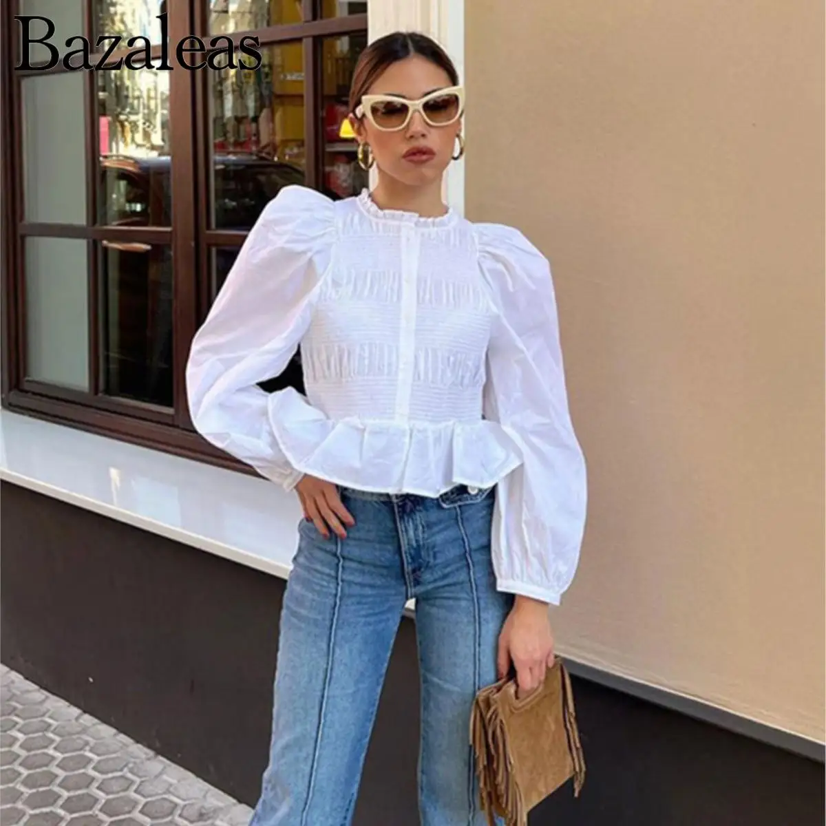 

Puff Sleeve White Shirts Casual Pleated Elegant Single Breasted Long Sleeves Blouse Fashion