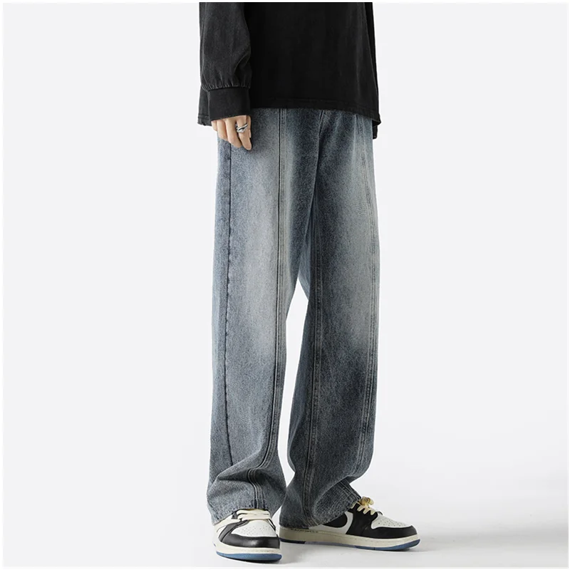 Streetwear Men New Vintage Recreational Blue Jeans Loose Temperament Versatile Straight Cylinder Wide Leg Trousers Autumn Female
