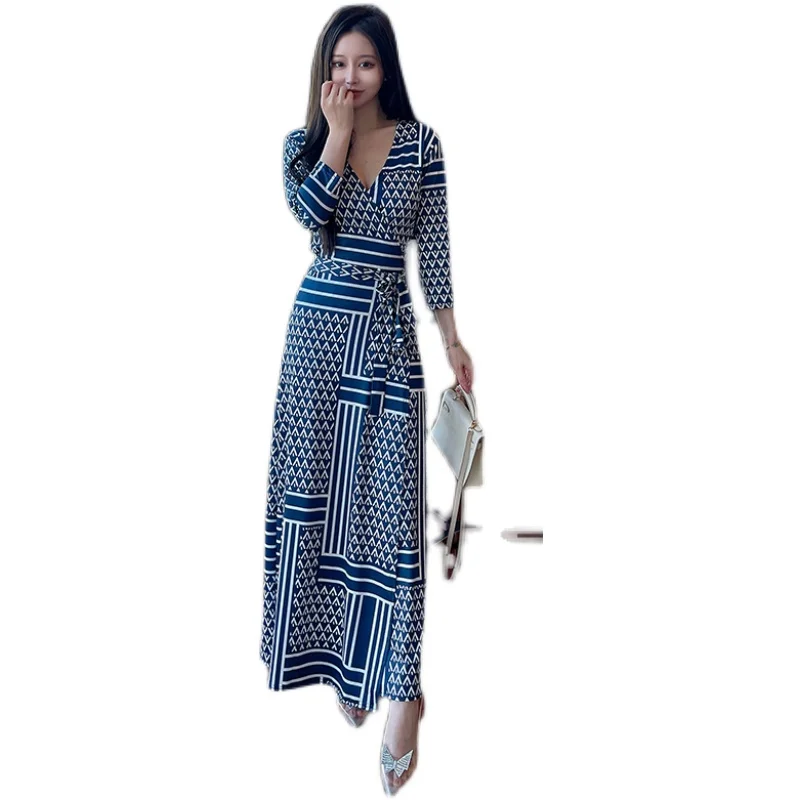 

Print Three-quarter Sleeve Lace-up Sim Waist Korea Women Bohemian Beach Maxi Wrap Dresses Elegant Ladies Holiday Casual Dress
