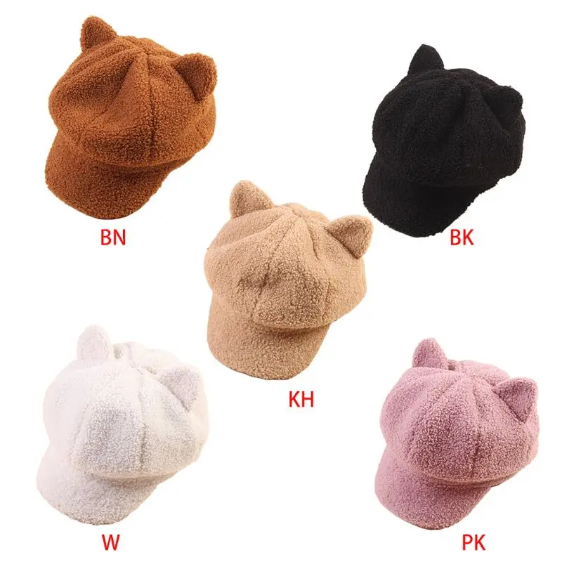 

Women Winter Faux Wool Warm Beret Cap Cute for Cat Ears Solid Color Retro Newsboy Painter Visor Peaked Octagonal Pumpkin