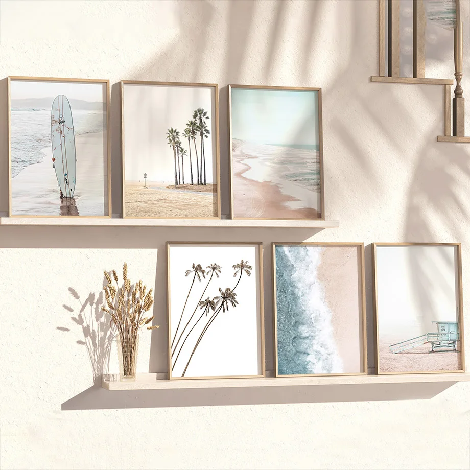 

Морская пляжная доска для серфинга, пальмовый пейзаж, плакаты, печатные картины на холсте, Скандинавская галерея, настенные картины для гостиной, домашний декор