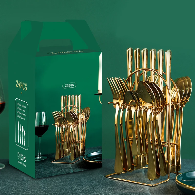 

24 pieces stainless steel cutlery set stainless steel cutlery set kitchen cutlery knife fork spoon cutlery black gold and silver