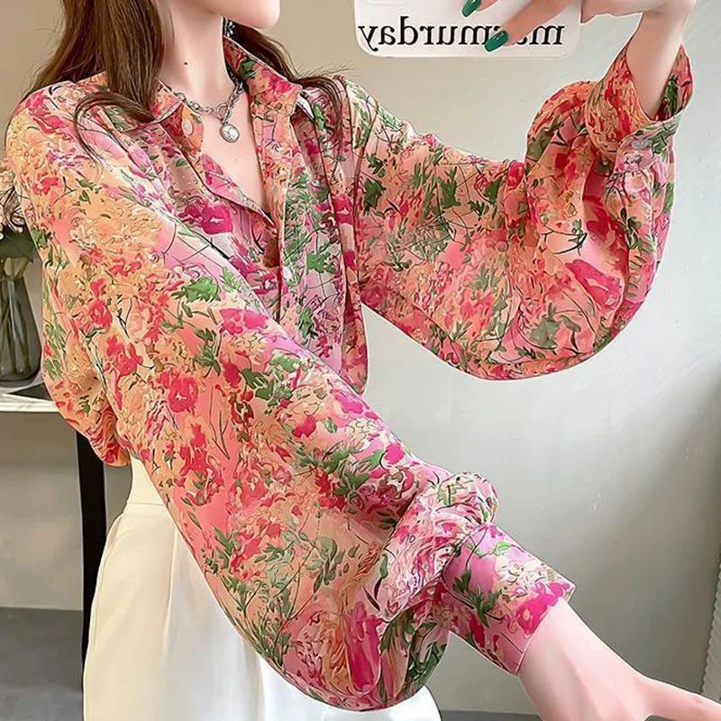 Модная свободная шифоновая рубашка с рукавами-фонариками и принтом женская