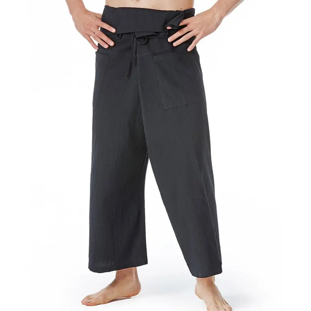 

Thai Fisherman Pants Men Summer Solid Color Drawstring Wide Legs Pockets Menswear Flax Casual Loose Men Martial Arts Trousers