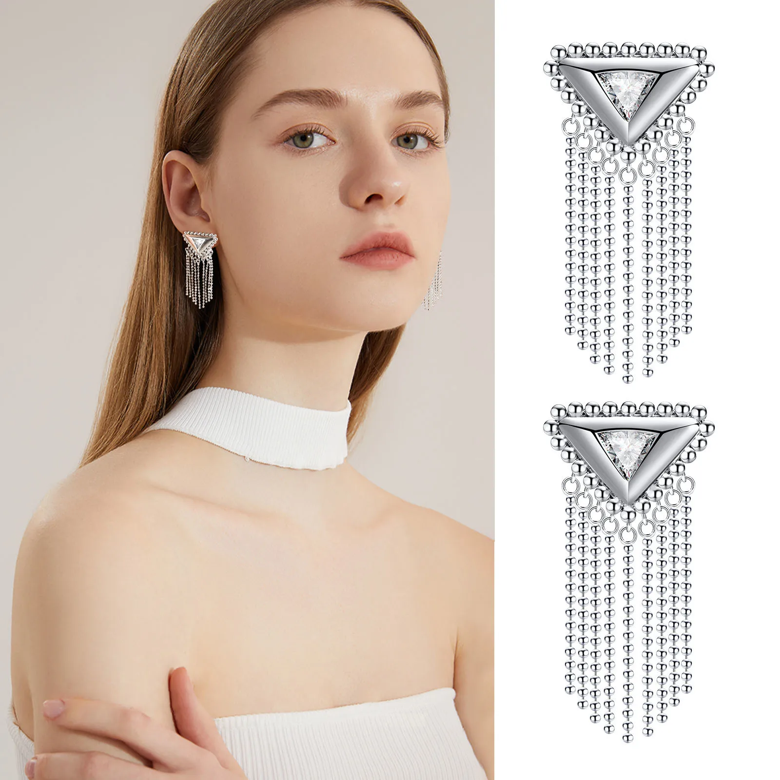 

Women's Minimalist Triangle Tassel Hoop Huggie Earrings, Anti Allergy AAA CZ Stone Metal Earrings Gift Jewelry To Mom Girls