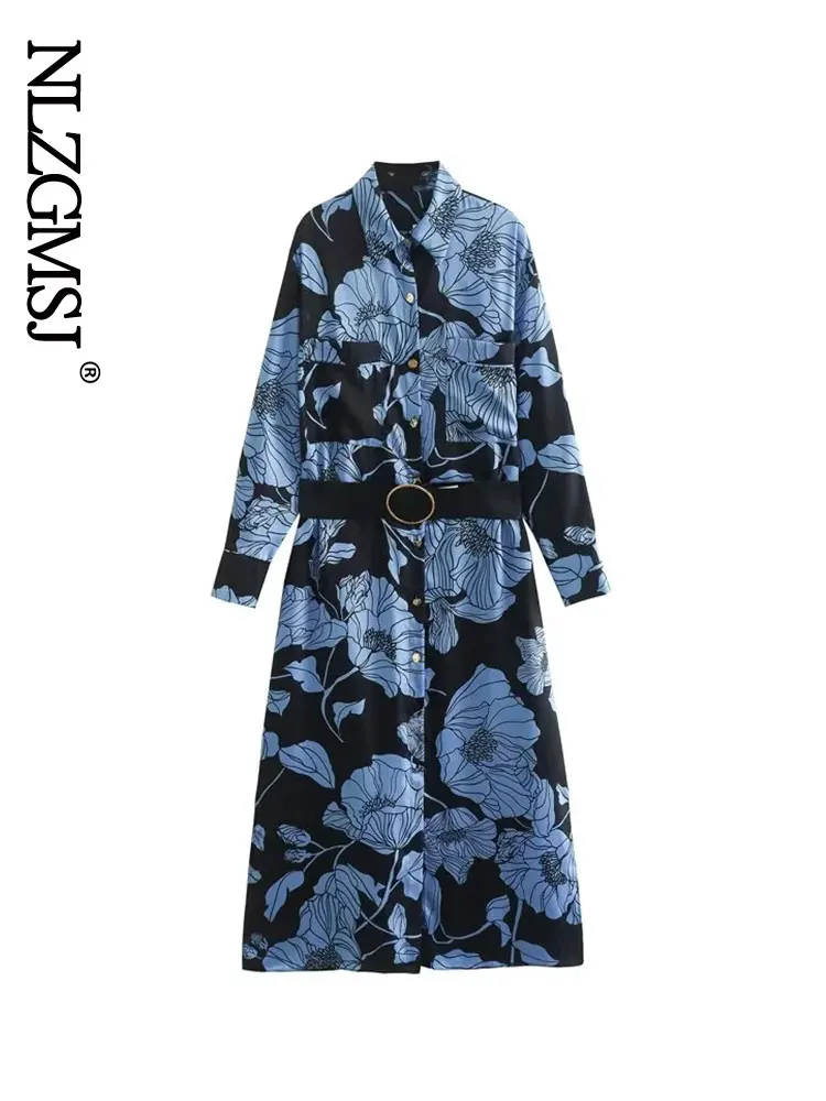 

Nlzgmsj Women Fashion Print Midi Dresses Autumn Long Sleeve Ladies Vintage Turn-down Collar A-Line Dress A03
