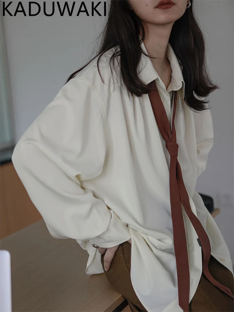 

Minimalist Long Sleeve Button Up Shirt Women Korean Style Solid Tie Oversize Shirts Blouse Loose Clothes Tops 2023 Spring Summer